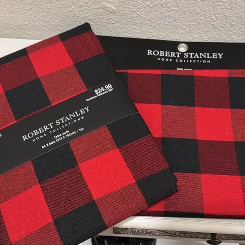 Plaid/ Christmas red and black table skirt and runner